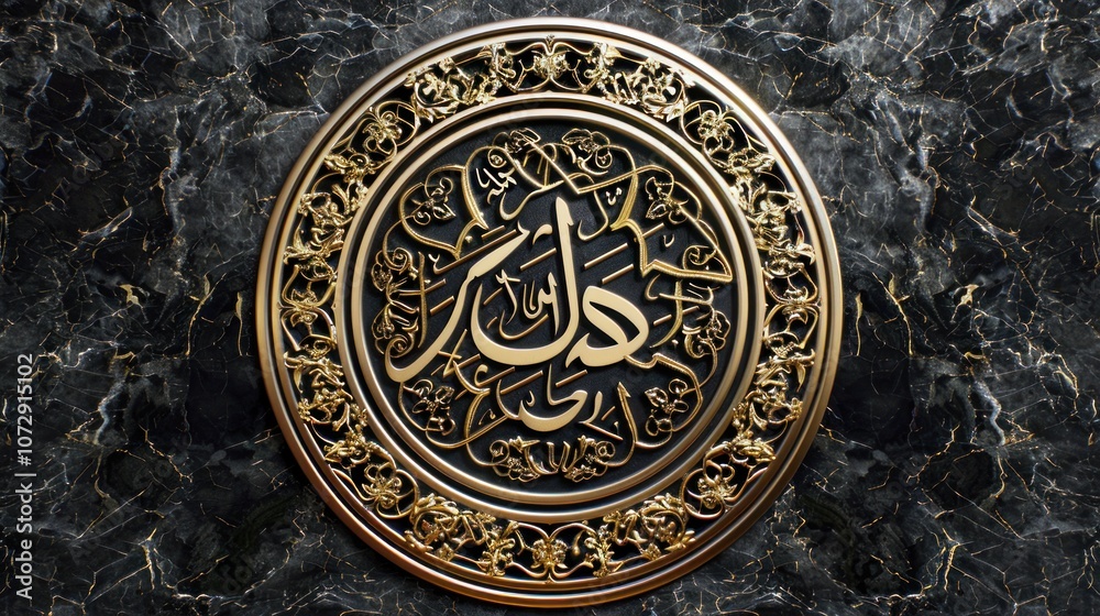 Fototapeta premium Golden Arabic calligraphy on black marble background.