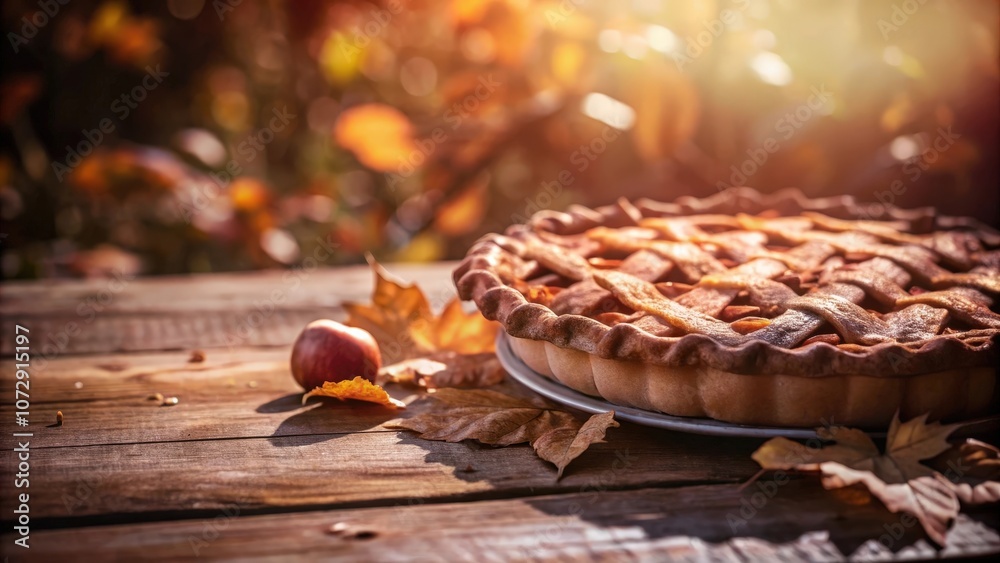 A perfectly baked apple pie sits on a rustic wooden table, surrounded by fallen autumn leaves, bathed in the warm glow of the setting sun. A perfectly baked apple pie sits on a rustic wooden table, surrounded by fallen autumn leaves, bathed in the warm glow of the setting sun.