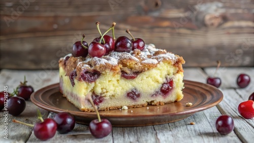 A slice of cherry cake dusted with powdered sugar, sitting on a rustic brown plate and surrounded by fresh cherries on a wooden table