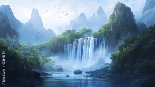 A beautiful waterfall in the karst mountains of Guangxi, surrounded by mist