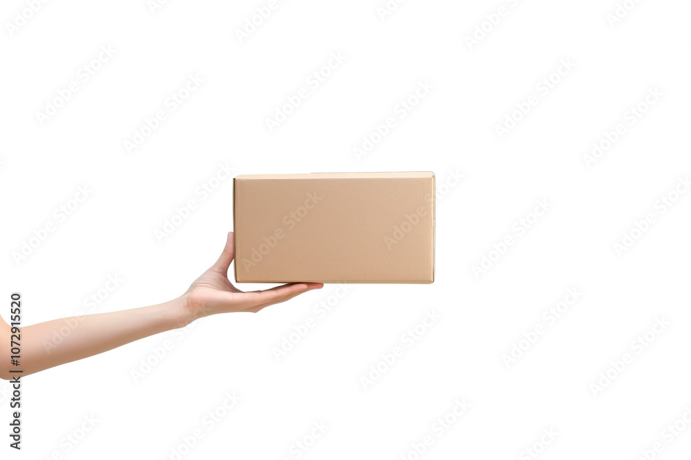 A hand holds a rectangular cardboard box, showcasing its size and shape. A hand holds a rectangular cardboard box, showcasing its size and shape.