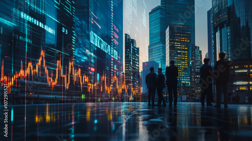 Wallpaper Mural Abstract business team stands on the peak of success amid tall, innovative Smart city and graphs with statistics to analyze business potential and predict future developments in company growth. Torontodigital.ca