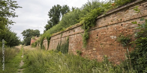 Weathered brick wall with a grungy frame of overgrown vegetation, stones, brick