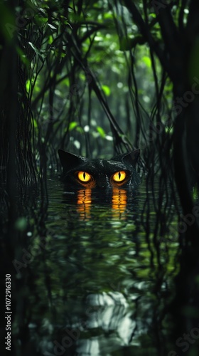 A mysterious cat with glowing eyes lurking in dark waters surrounded by dense vegetation. photo