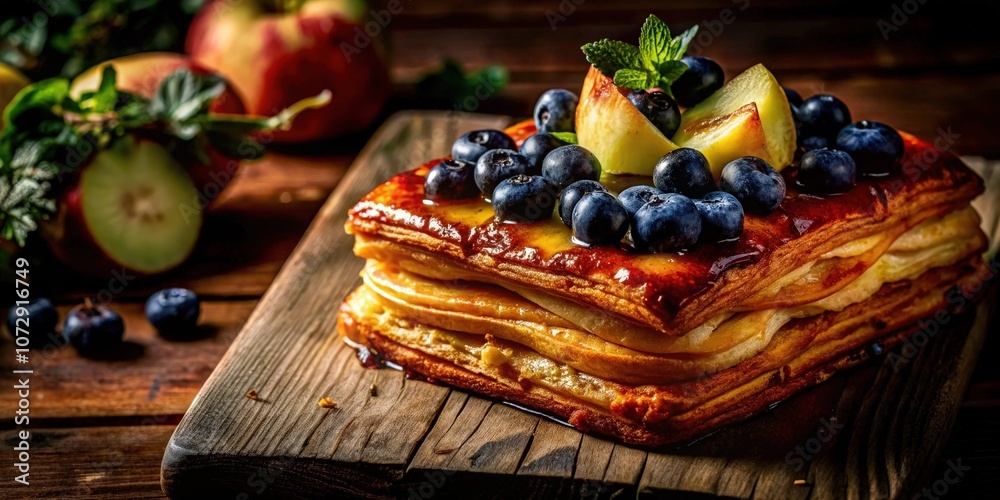 A decadent pastry layered with sweet filling, topped with juicy fruit and plump blueberries, all presented on a rustic wooden board. A decadent pastry layered with sweet filling, topped with juicy fruit and plump blueberries, all presented on a rustic wooden board.