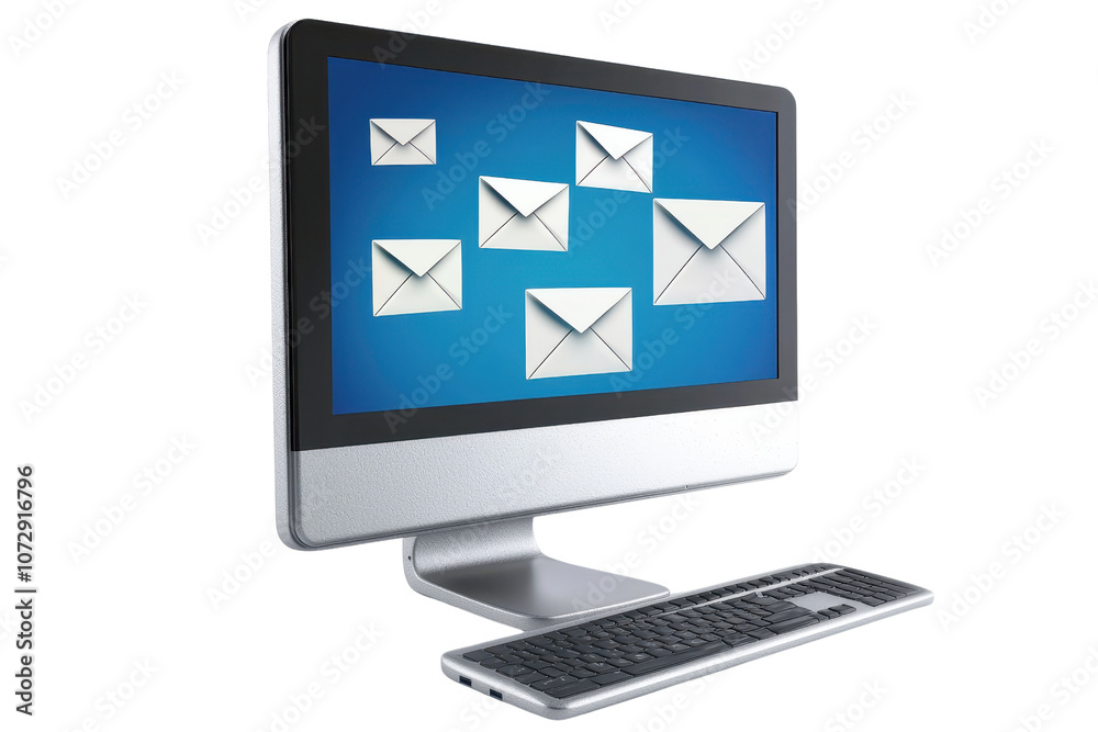 A sleek computer monitor displays multiple email icons, representing communication and digital correspondence. A sleek computer monitor displays multiple email icons, representing communication and digital correspondence.