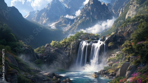 The spectacular Tiger Leaping Gorge waterfall in China, surrounded by rocky cliffs