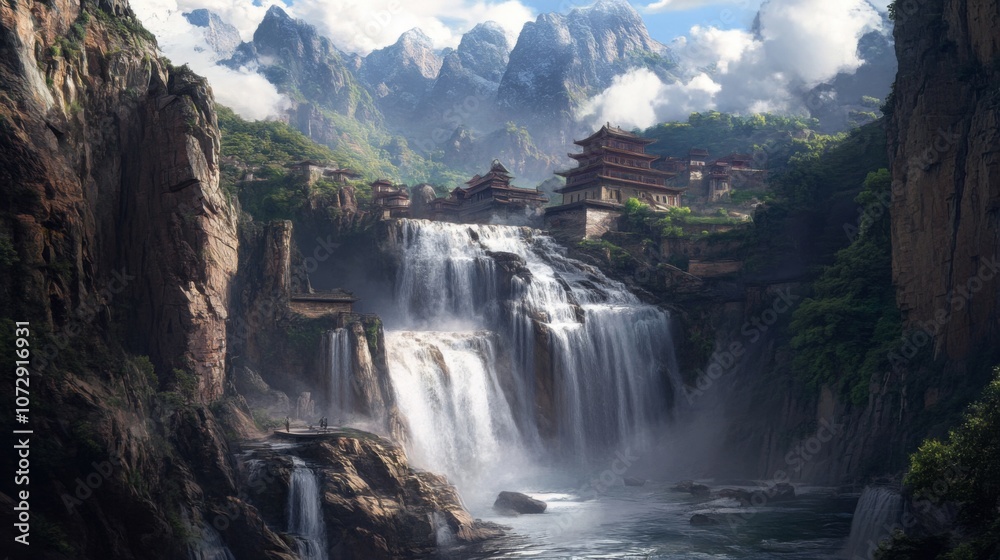 Fototapeta premium The spectacular Tiger Leaping Gorge waterfall in China, surrounded by rocky cliffs