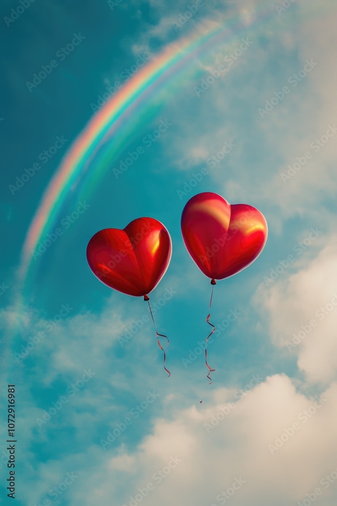 Red heart shaped balloons in flight