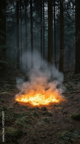 A vivid wildfire burning in a dense forest, surrounded by tall trees and plumes of smoke.