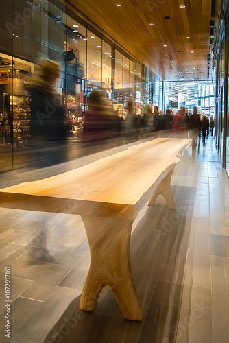 Wooden Table in a Blurred Modern Shopping Mall photo