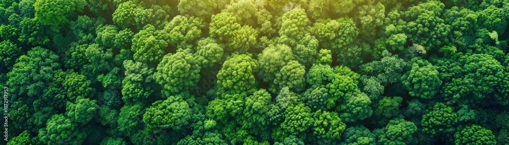 Lush green tree canopy from above in sunlight. Lush green tree canopy from above in sunlight.