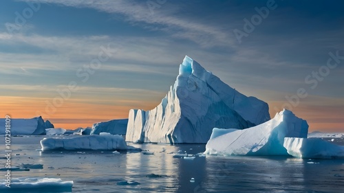 Fototapeta Naklejka Na Ścianę i Meble -  Majestic icebergs reflecting the colors of sunset in a serene Arctic landscape. Generative AI