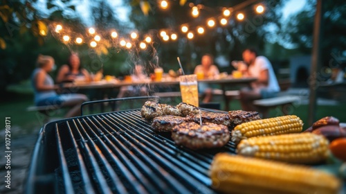 Summer barbecue gathering with grilled burgers, corn, and drinks enjoyed in a backyard garden during evening