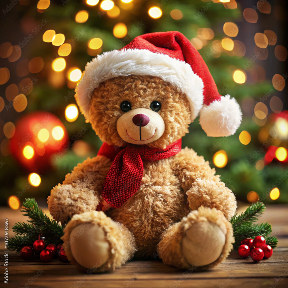 Adorable teddy bear wearing a Santa hat, adding a touch of festive warmth and cuteness to your holiday decorations or gift ideas Adorable teddy bear wearing a Santa hat, adding a touch of festive warmth and cuteness to your holiday decorations or gift ideas