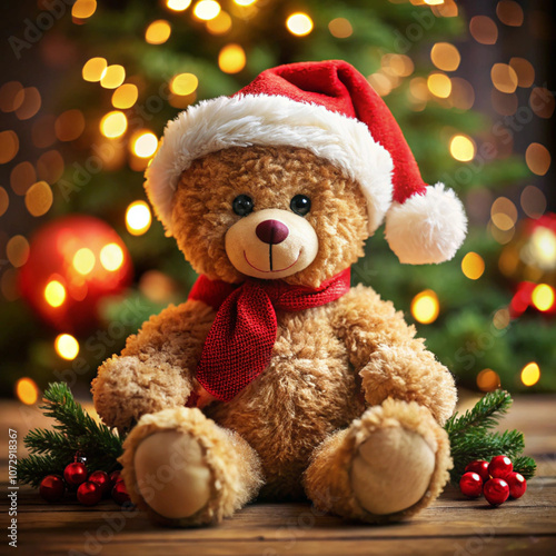 Adorable teddy bear wearing a Santa hat, adding a touch of festive warmth and cuteness to your holiday decorations or gift ideas