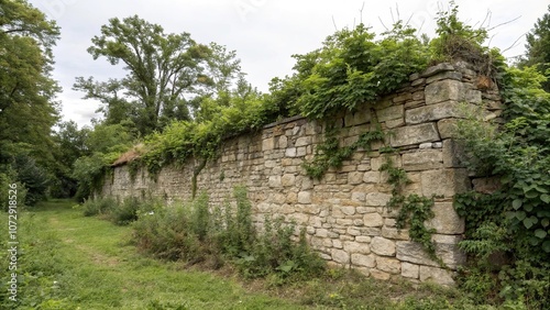 Weathered stone wall with overgrown vegetation, vines, stone wall