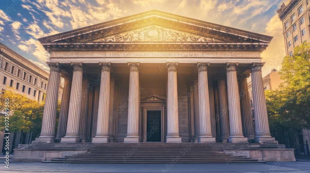 Obraz premium A grand, classical building with white columns and a set of stairs leading up to the entrance. The building is bathed in the golden light of the setting sun.