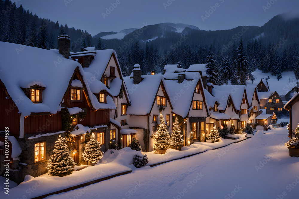 Naklejka premium Snowy village with warmly lit windows and christmas decorations on every house, AI Generated