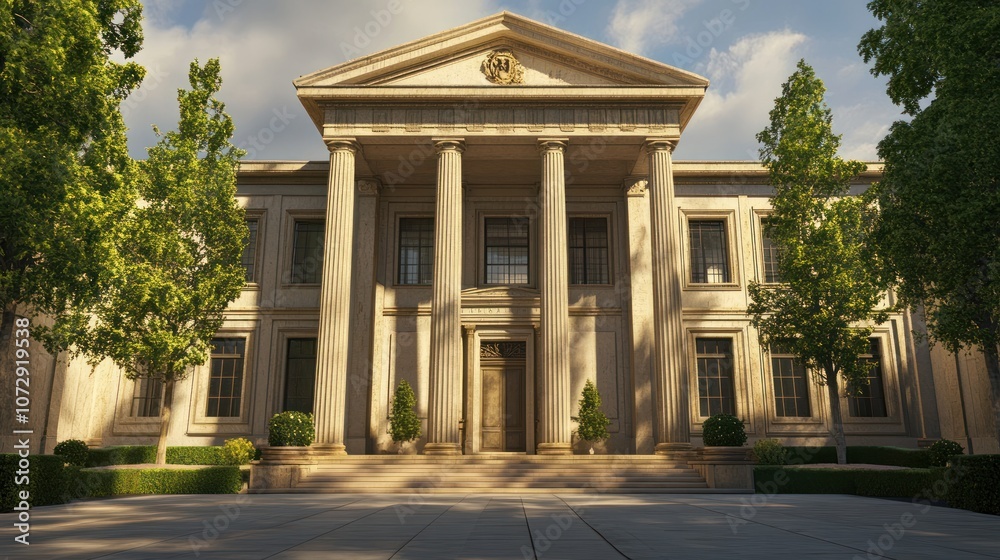 A large, classical-style building with a symmetrical facade, six columns, and a grand entrance. A large, classical-style building with a symmetrical facade, six columns, and a grand entrance.