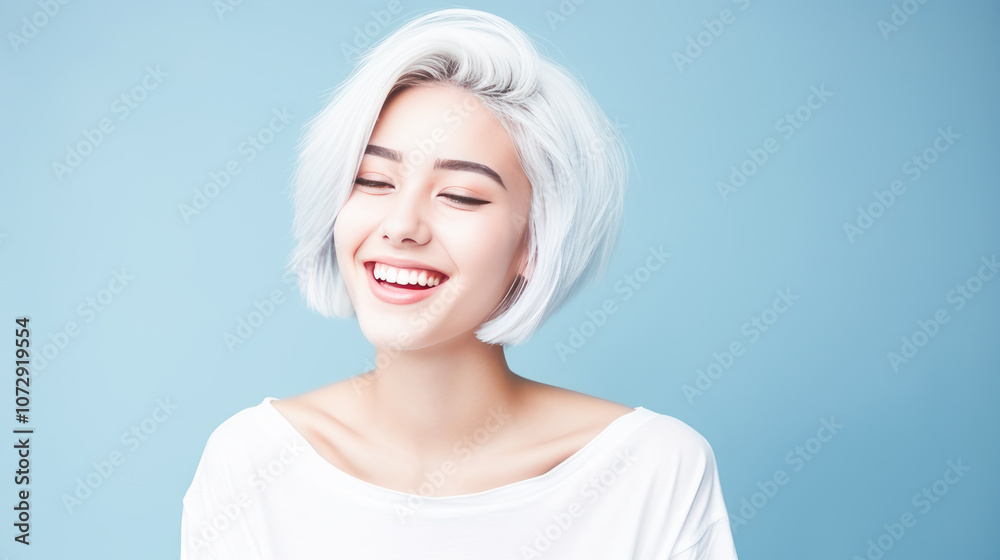 Portrait of smiling asian teenager girl with short haircut and white hair blue background.