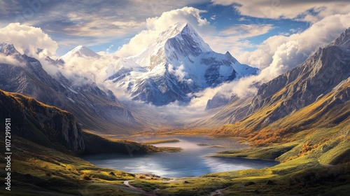 A mystical scene at Mount Jomolhari, Tibet, China, with its snow-capped summit peeking out from behind clouds, set against a dramatic backdrop of deep valleys and alpine lakes