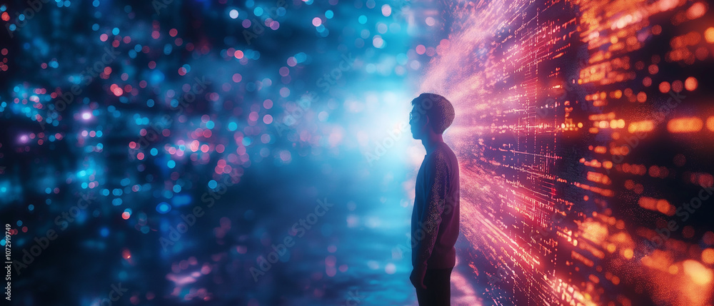 Young man looking towards a stream of data in a futuristic digital world. Young man looking towards a stream of data in a futuristic digital world.