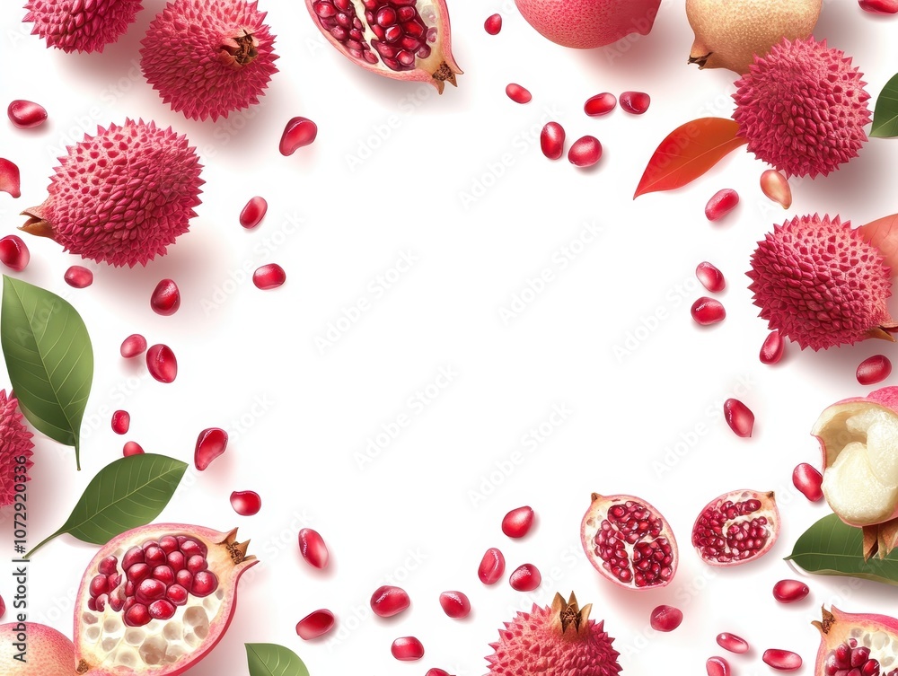 Pomegranate and Rambutan Fruit Border with Seeds and Leaves Pomegranate and Rambutan Fruit Border with Seeds and Leaves