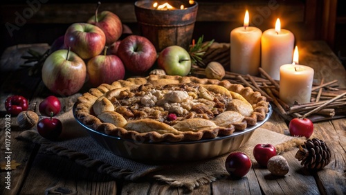 A rustic, golden brown apple pie, nestled on a burlap cloth with candles and apples surrounding it, creates a warm and inviting autumnal scene.