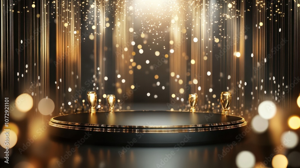 Obraz premium Black Podium With Gold Trophies and Sparkling Lights