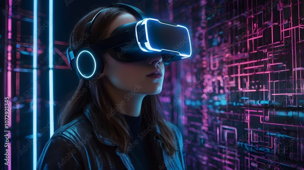 Exploring a futuristic digital realm with virtual reality at dusk, a captivated individual engages in immersive technology. Generative AI Exploring a futuristic digital realm with virtual reality at dusk, a captivated individual engages in immersive technology. Generative AI