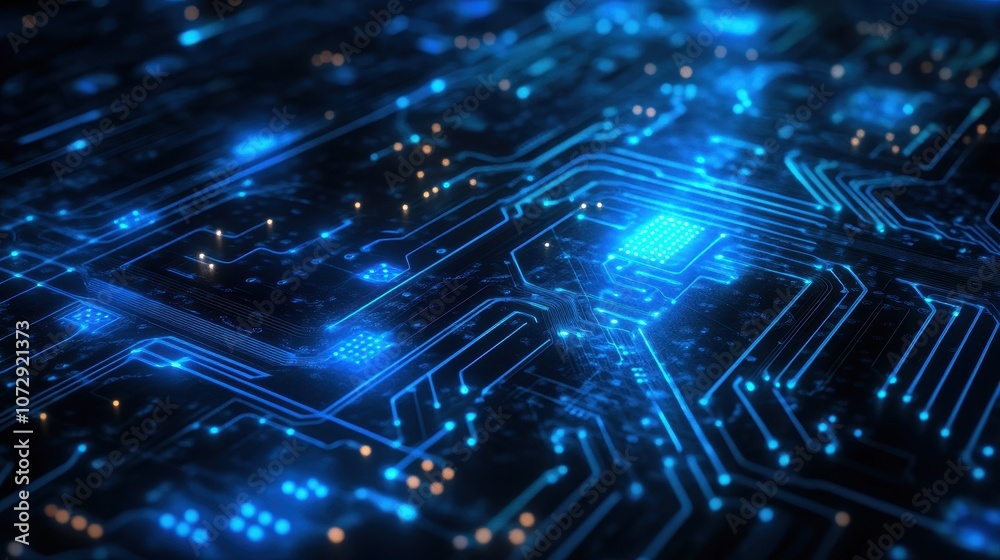 Close-up of a Blue Glowing Circuit Board with Integrated Circuit Close-up of a Blue Glowing Circuit Board with Integrated Circuit