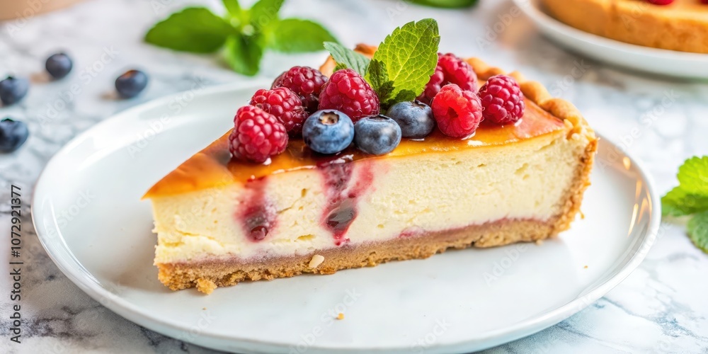 A single slice of creamy cheesecake with a buttery crust, adorned with fresh raspberries and blueberries, sits on a white plate, ready to be enjoyed. A single slice of creamy cheesecake with a buttery crust, adorned with fresh raspberries and blueberries, sits on a white plate, ready to be enjoyed.
