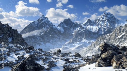 The towering peaks of Mount Qomolangma (Mount Everest) from the Tibetan side, with rocky terrain and snow-covered slopes under a vast blue sky, capturing the grandeur of the world highest mountain