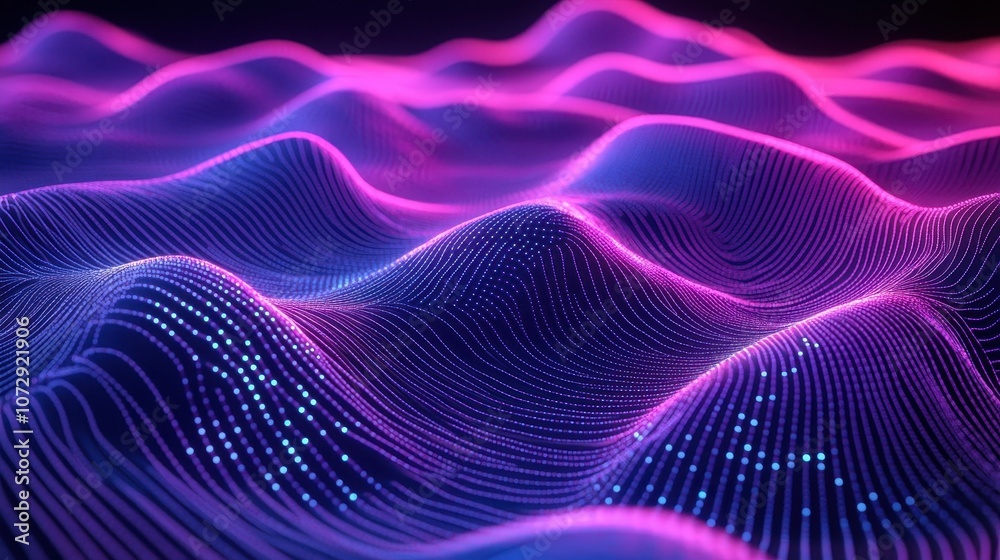 Abstract Wavy Digital Landscape with Glowing Lines and Dots Abstract Wavy Digital Landscape with Glowing Lines and Dots