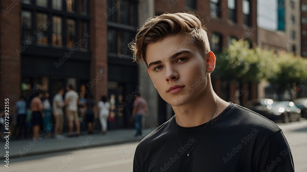 A young man poses confidently on a bustling urban street surrounded by vibrant city life in the late afternoon light. Generative AI