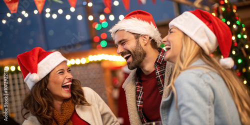 A joyful group of friends wearing Santa hats and celebrating together, capturing the festive spirit of holiday gatherings and friendship.
