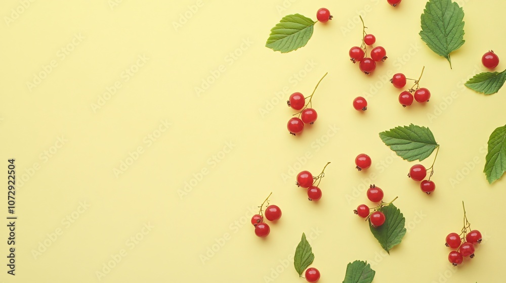 Minimalist arrangement of redcurrant berries and leaves on a soft yellow background, ample open space Minimalist arrangement of redcurrant berries and leaves on a soft yellow background, ample open space