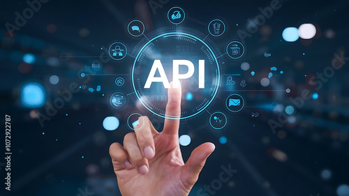 API application programming interface, a finger touch a hologram virtual interface that hologram of API, API integration, API development, JSON, API documentation, 