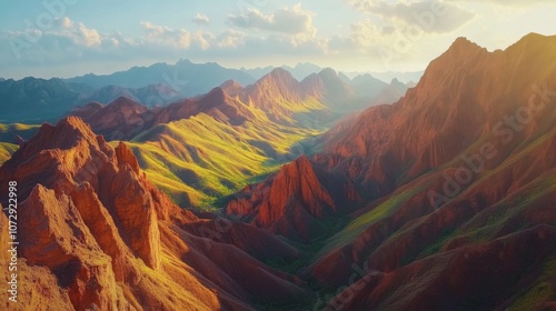The unique karst mountains of Zhangye Danxia, Gansu, China, known for their vibrant red, orange, and yellow rock formations, with the sunlight casting dramatic shadows across the landscape