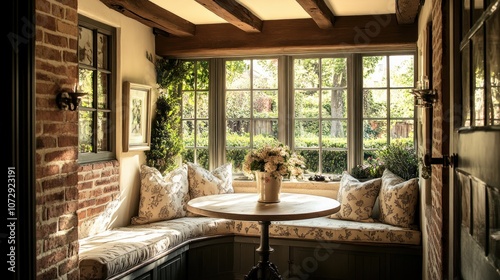 A cozy sunroom with a white table and bench set in front of a large bay window. The room has exposed beams, brick walls, and plenty of natural light. photo