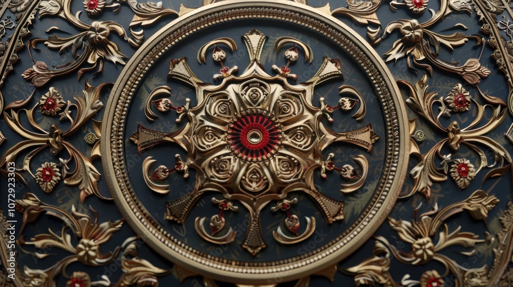 Intricate gold and red floral design with a dark blue background.