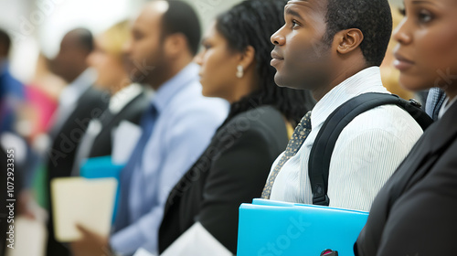 Job seekers actively engaging with recruiters at a bustling career fair, showcasing determination and eagerness in their pursuit of professional opportunities.