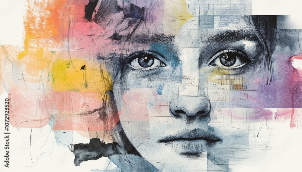Fototapeta premium Abstract Watercolor Portrait with Geometric Shapes and Color Splashes