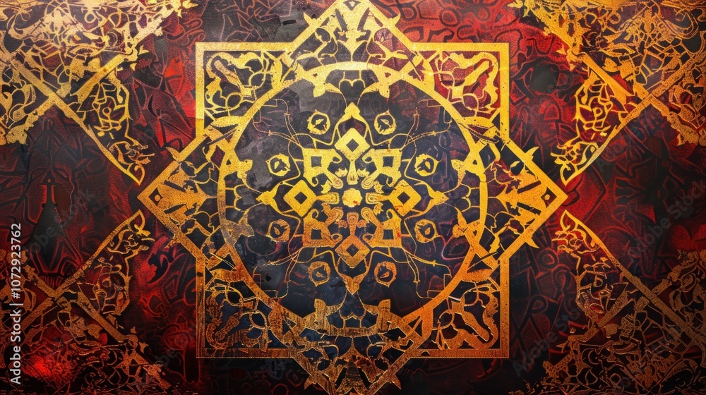 Intricate golden pattern on a red and black background. Intricate golden pattern on a red and black background.