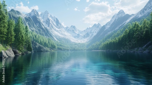 Fototapeta Naklejka Na Ścianę i Meble -  A peaceful lake nestled between the mountains of Mount Changbai, Jilin, China, with lush forests surrounding the crystal-clear waters and snowy peaks in the background