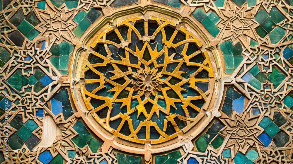 Intricate mosaic pattern with a golden circular design. Intricate mosaic pattern with a golden circular design.