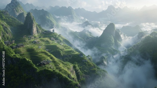 The iconic terraced mountains of Mount Longji, Guangxi, China, with rice terraces cascading down steep slopes, reflecting the early morning sunlight and mist-filled valleys photo