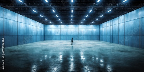 Fototapeta Naklejka Na Ścianę i Meble -  Empty warehouse with minimalist interior design. Solitude and spacious space with blue lighting. Modern architecture reflects on the clean, industrial floor. A setting of isolation, perspective, and