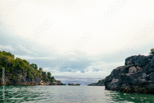 Marble rock formation along the white sand beach of Bagasina Islet. Romblon, Philippines